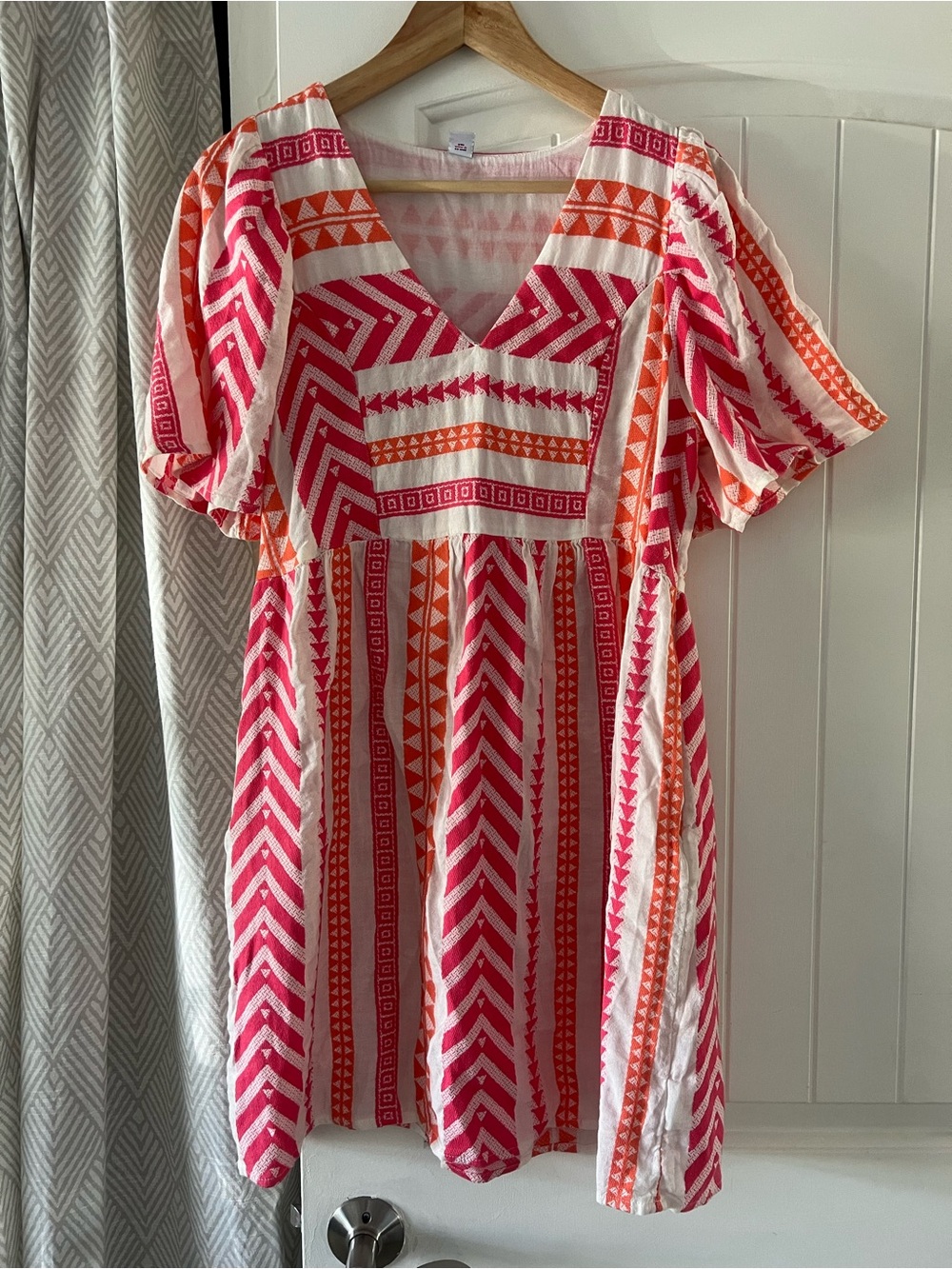 Vibrant Pink & Orange Patterned V-Neck Dress Lightweight Summer Party Festival